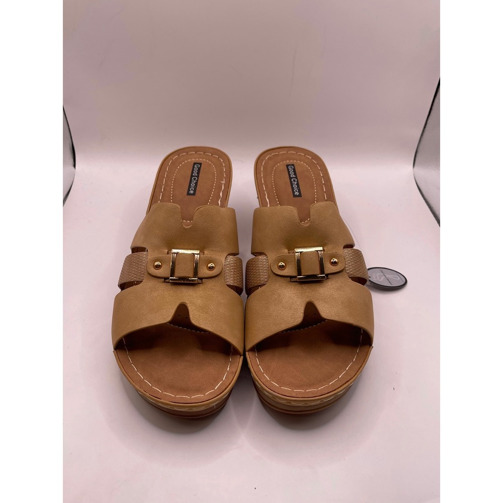 Good Choice Selva Tan Wedge Sandals Gold Buckle Slides Womens 10